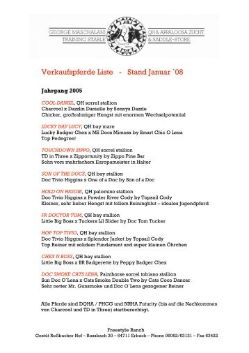 Verkaufspferde Liste - Stand Januar `08