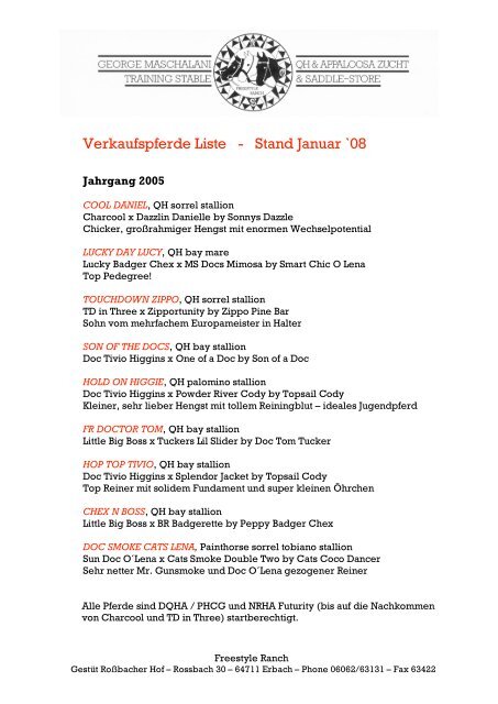 Verkaufspferde Liste - Stand Januar `08