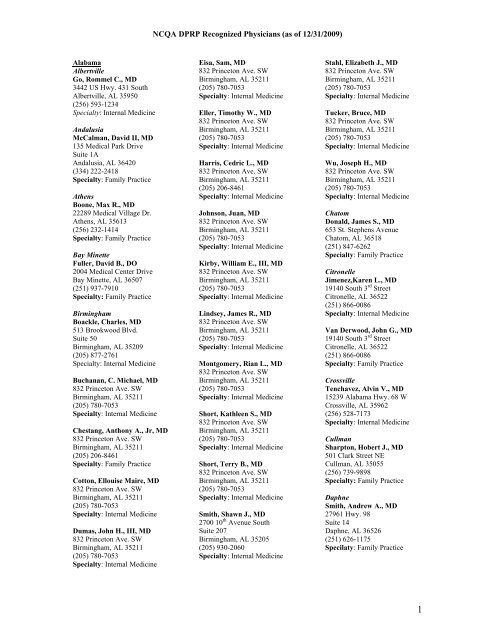 NCQA DPRP Recognized Physicians (as of 12/31/2009) - Hospira