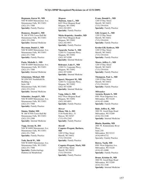 NCQA DPRP Recognized Physicians (as of 12/31/2009) - Hospira