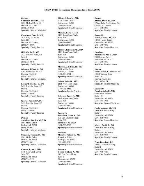 NCQA DPRP Recognized Physicians (as of 12/31/2009) - Hospira