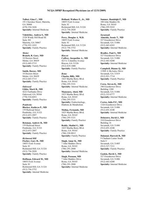 NCQA DPRP Recognized Physicians (as of 12/31/2009) - Hospira