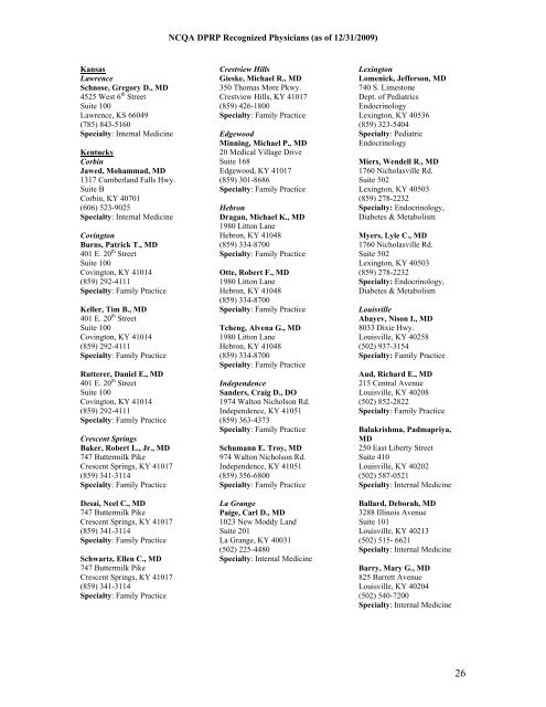 NCQA DPRP Recognized Physicians (as of 12/31/2009) - Hospira