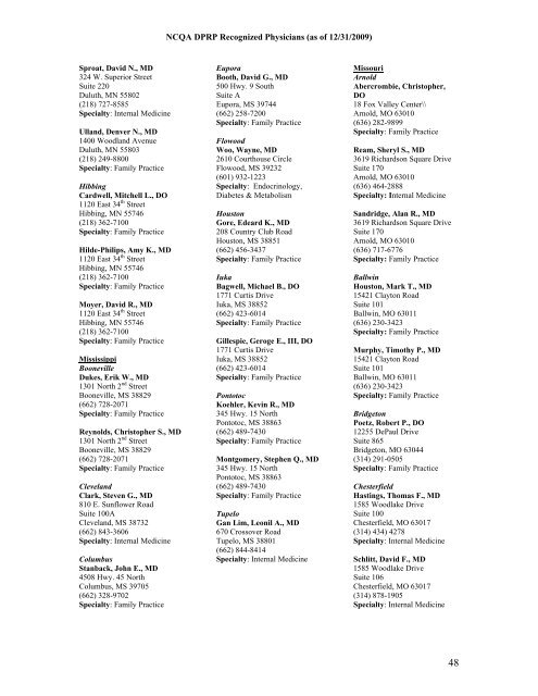 NCQA DPRP Recognized Physicians (as of 12/31/2009) - Hospira