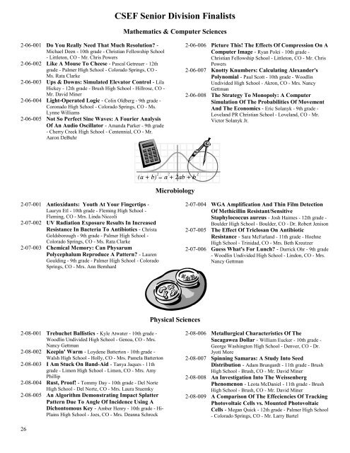 CSEF Junior Division Finalists - Colorado Science and Engineering ...