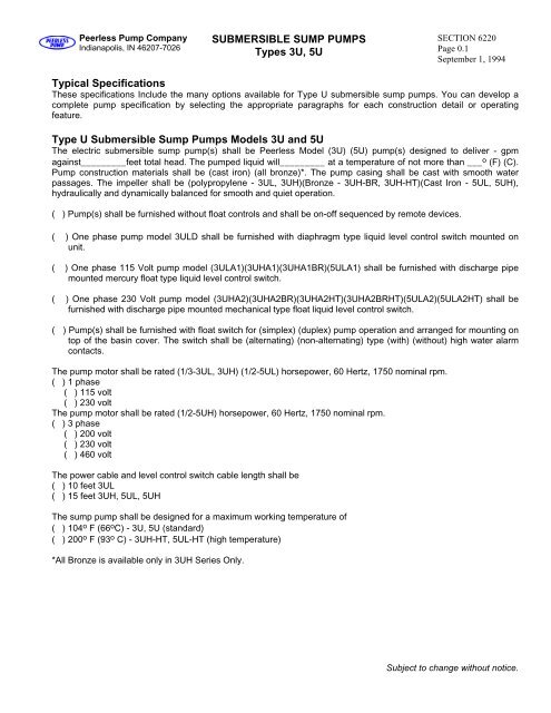 SUBMERSIBLE SUMP PUMPS Types 3U, 5U Typical Specifications ...