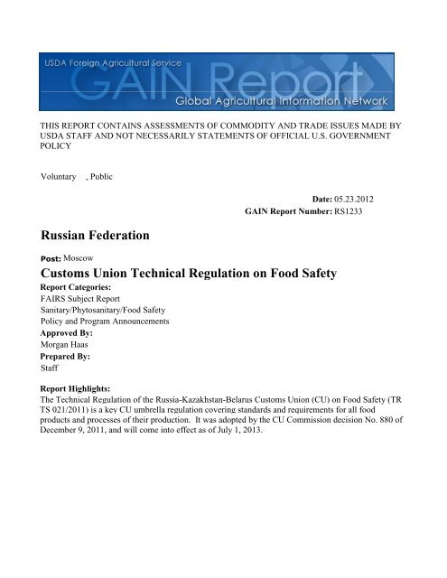 Customs Union Technical Regulation On Food Safety. - GAIN Home