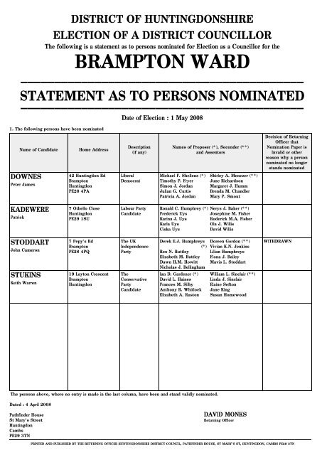 Election of a district councillor Huntingdonshire District Council