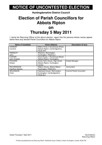 Notice of Uncontested Election - Huntingdonshire District Council