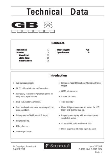 Soundcraft GB8 Technical Datasheet