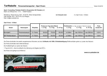 Tariftabelle Personentransporter - Opel Vivaro - SC Potsdam eV