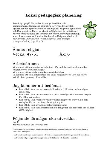 Lokal pedagogisk planering Ämne: religion Vecka: 47-51 Åk: 6 ...