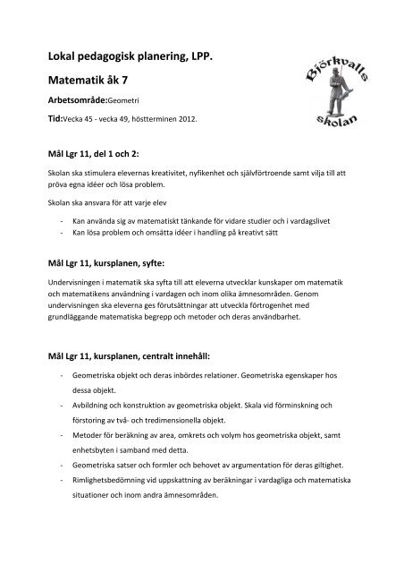 Lokal pedagogisk planering, LPP. Matematik åk 7