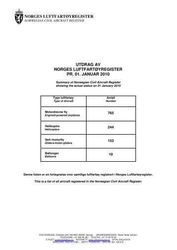 norges luftfartøyregister utdrag av norges luftfartøyregister pr. 01 ...