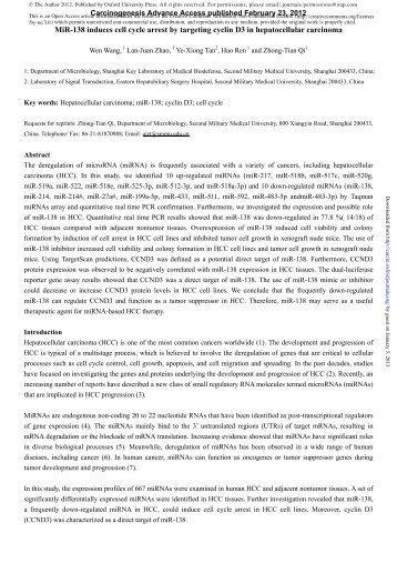 MiR-138 induces cell cycle arrest by targeting ... - Carcinogenesis