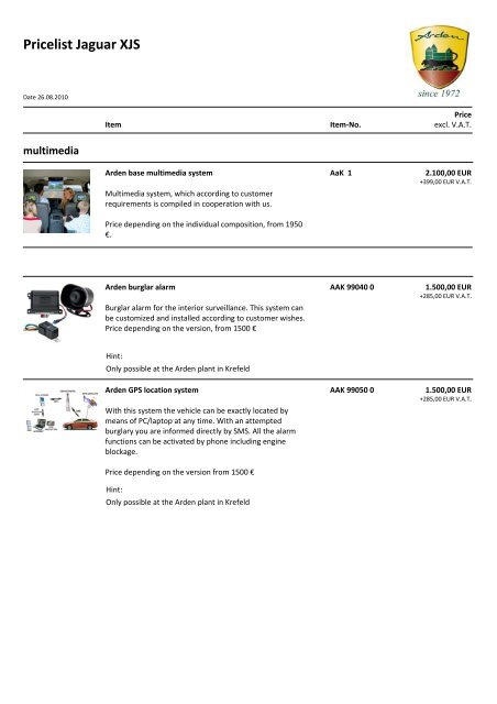 Pricelist Jaguar XJS - Arden