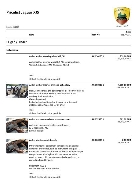 Pricelist Jaguar XJS - Arden
