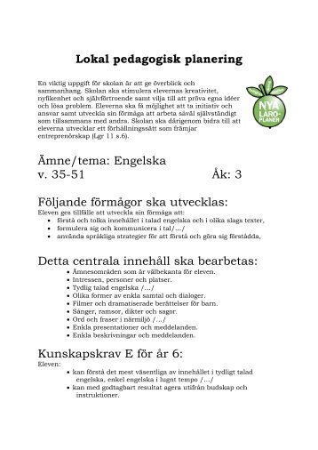 Lokal pedagogisk planering Ämne/tema: Engelska v. 35-51 Åk: 3 ...