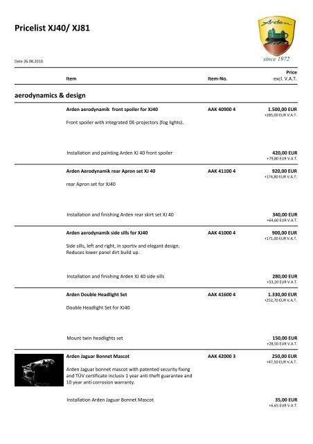 Pricelist XJ40 - Arden