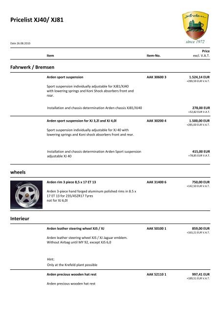 Pricelist XJ40 - Arden