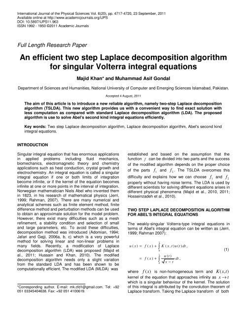 An efficient two step Laplace decomposition algorithm for singular ...