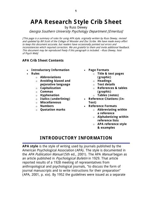 APA Research Style Crib Sheet - College of Wooster