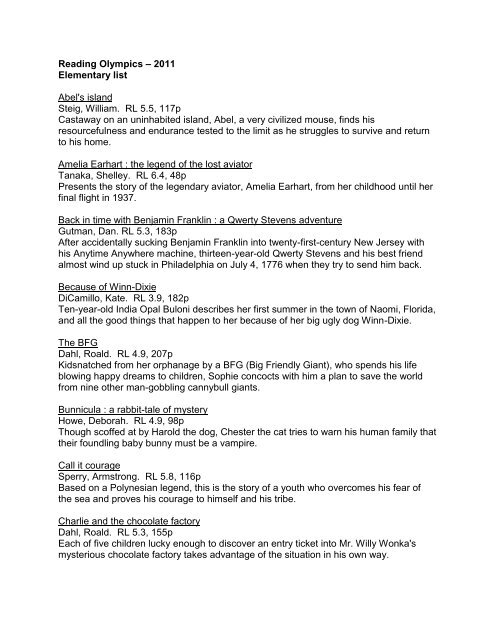 Reading Olympics – 2011 Elementary list Abel's island Steig ...