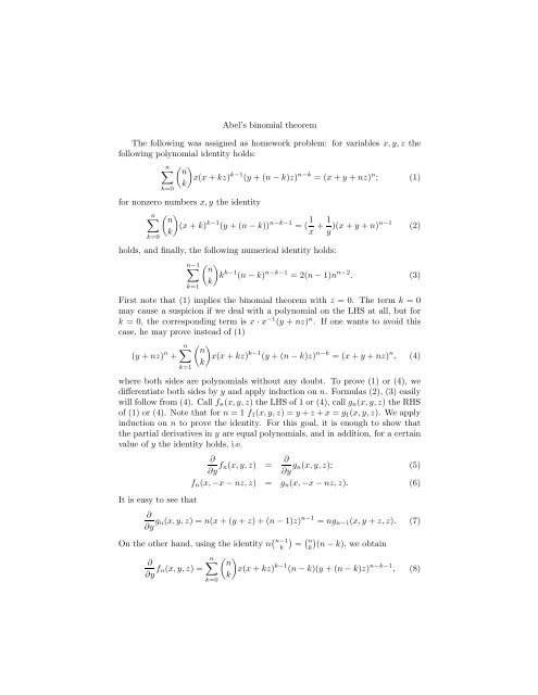 Abel's binomial theorem The following was assigned as homework ...