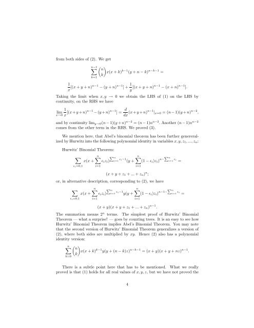 Abel's binomial theorem The following was assigned as homework ...