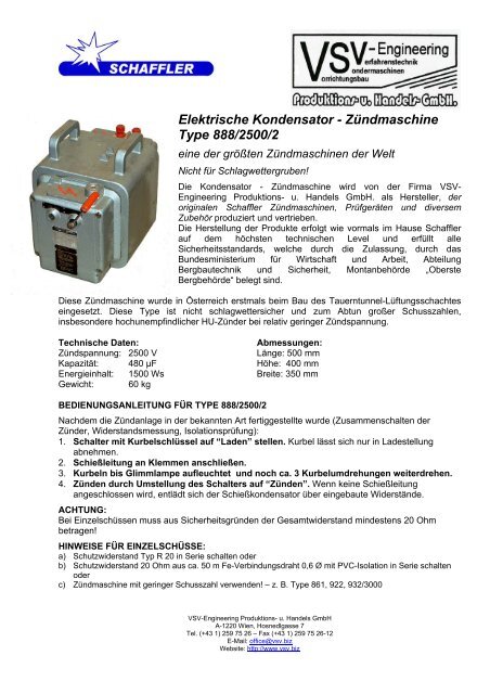Elektrische Kondensator - Zündmaschine Type 888/2500/2 - VSV