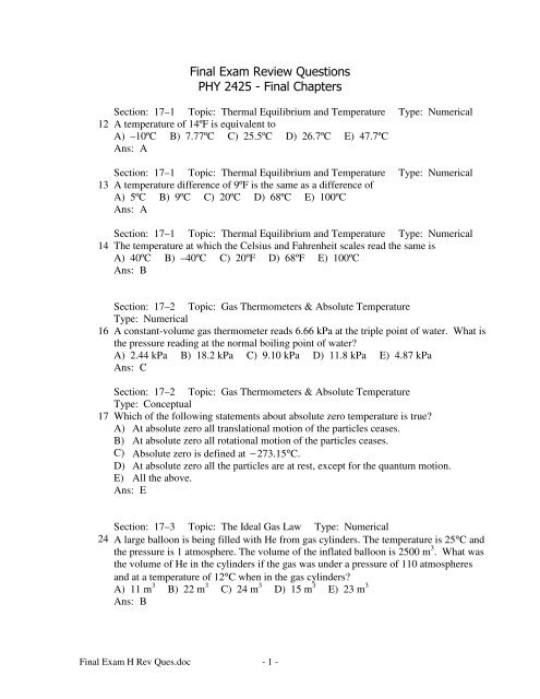 Final Exam Review Questions Phy 2425 Final Chapters