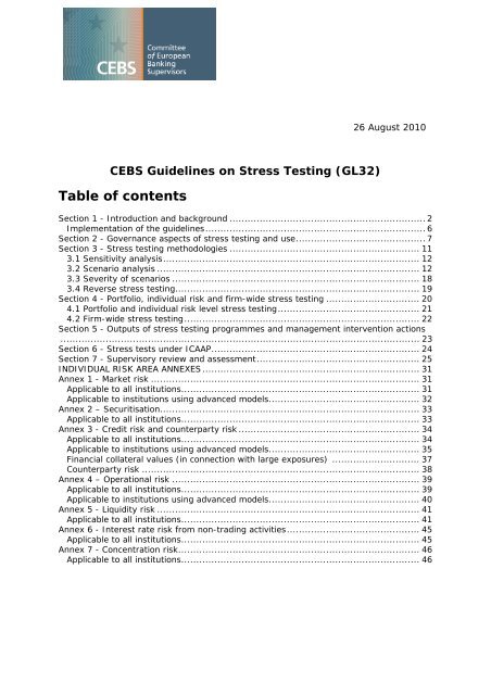CEBS Guidelines on Stress Testing - European Banking Authority