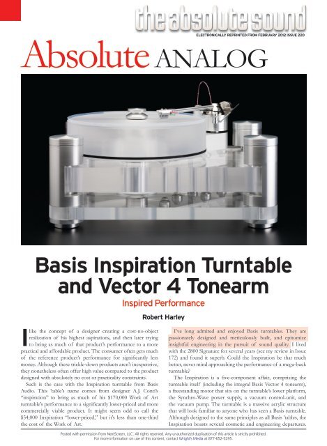 Basis Inspiration Turntable and Vector 4 Tonearm - Basis Audio