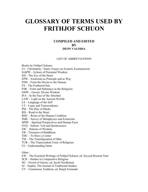 glossary of terms used by frithjof schuon - Sophia Perennis