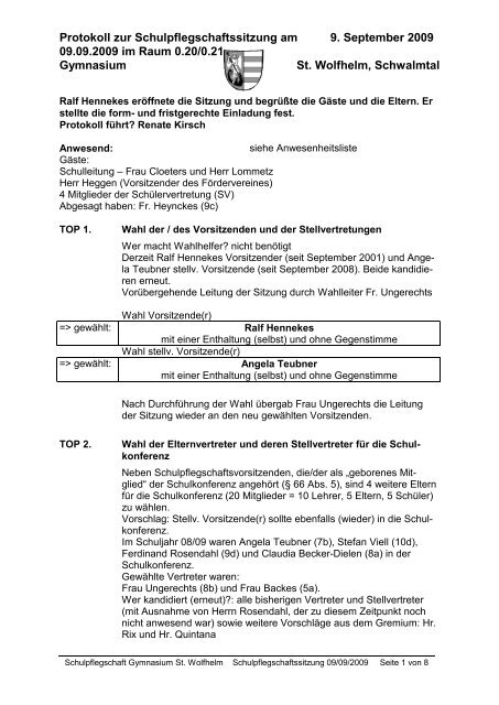 Protokoll der Schulpflegschaftssitzung vom 09.09.2009