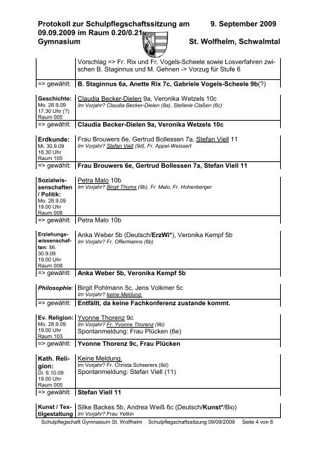 Protokoll der Schulpflegschaftssitzung vom 09.09.2009