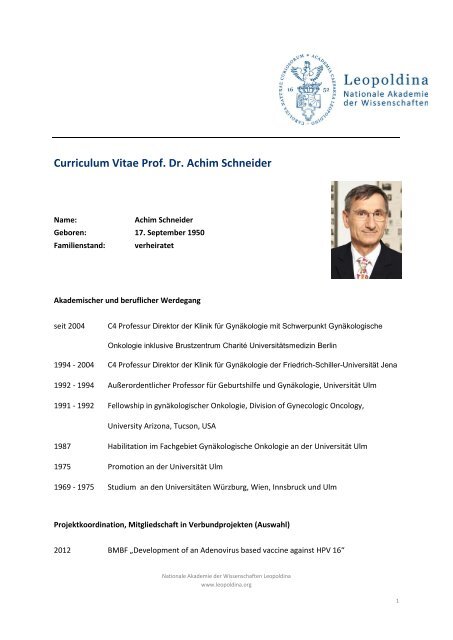 Curriculum Vitae Prof. Dr. Achim Schneider - Leopoldina