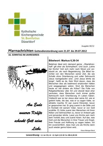 Pfarrnachrichten Gottesdienstordnung vom 21.07. bis 29.07.2012