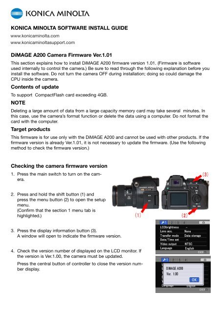 DiMAGE A200 Camera Firmware Ver.1.01 Contents of update NOTE ...