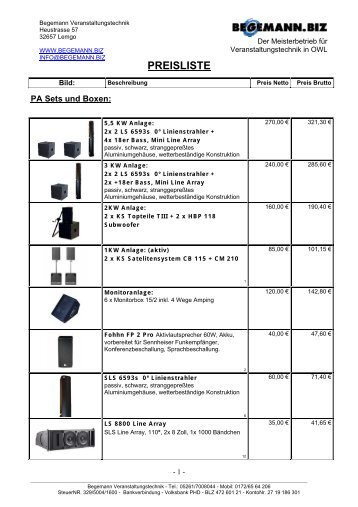 PREISLISTE - Begemann Veranstaltungstechnik