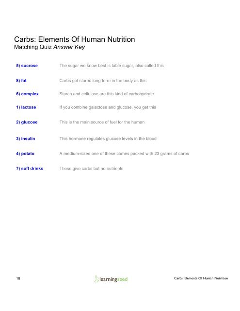 Carbs Elements Of Human Nutrition Multiple Choice Worksheet