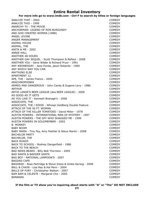 Entire Rental Inventory Feb 2 - Videoflicks