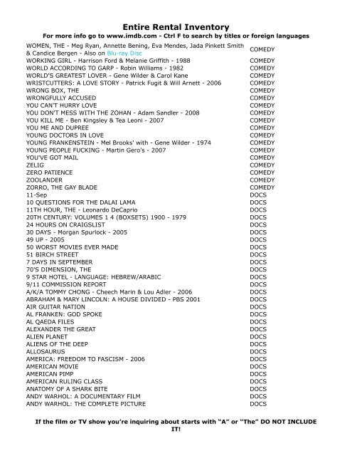 Entire Rental Inventory Feb 2 - Videoflicks