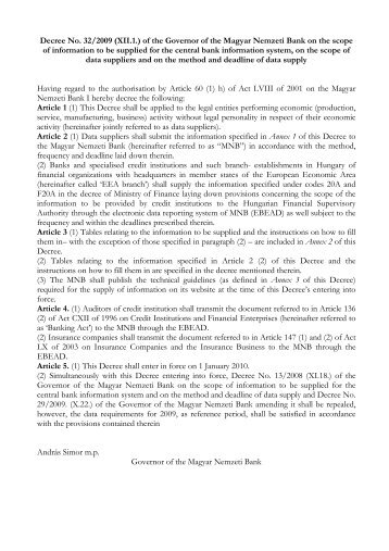 MNB Decree No. 32/2009 - Magyar Nemzeti Bank