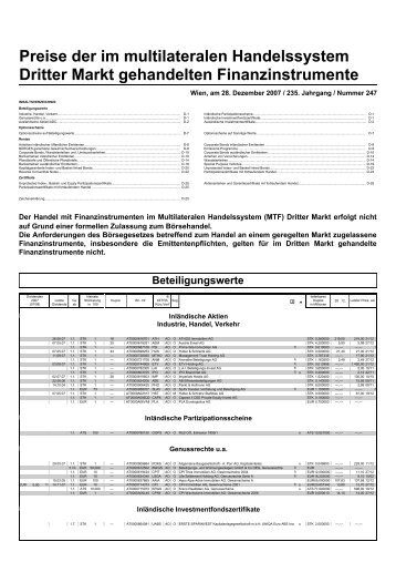 Preise der im multilateralen Handelssystem Dritter Markt ...