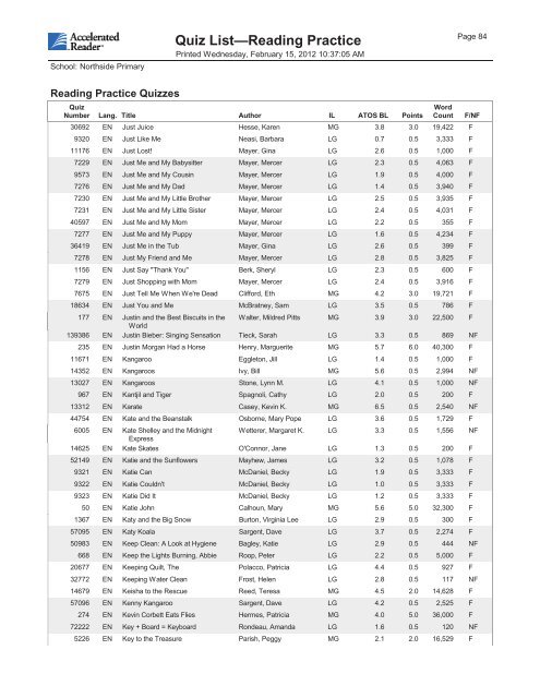 Quiz List—Reading Practice - Tift County Schools