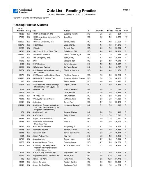 Quiz List—Reading Practice - Yorkville CUSD 115