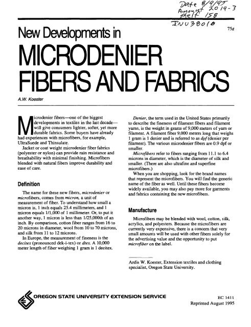 microdener fibers and fabrics - ScholarsArchive at Oregon State ...