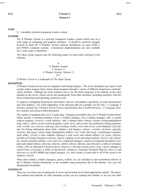 X A Portable Network Transparent Window System The X Index Of