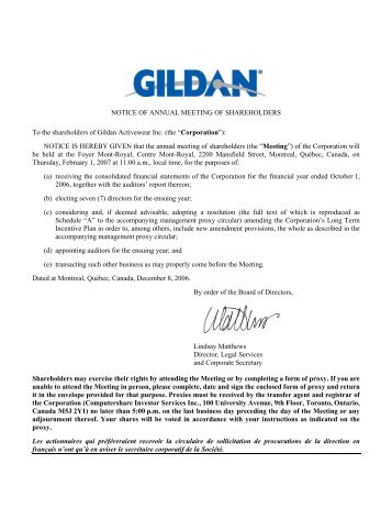 NOTICE OF ANNUAL MEETING OF SHAREHOLDERS To ... - Gildan